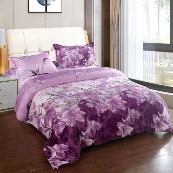 Lenjerie pentru Pat Dublu, Cocolino Premium, 4 Piese – Plușată, Groasă, și Călduroasă, Ideală pentru Iarnă –  Confort Maxim, Antișifonare, Lila, Mov, Crini [1]