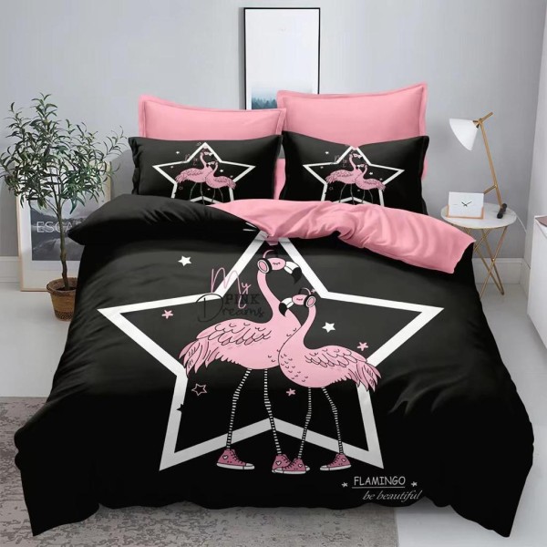 Lenjerie pat 1 PERSOANA (90x200cm, 100x200cm, 120x200cm), BUMBAC FINET, 4 piese, Identică cu Poza, Imprimeu Digital, Negru, Roz, Stea, Flamingo [1]