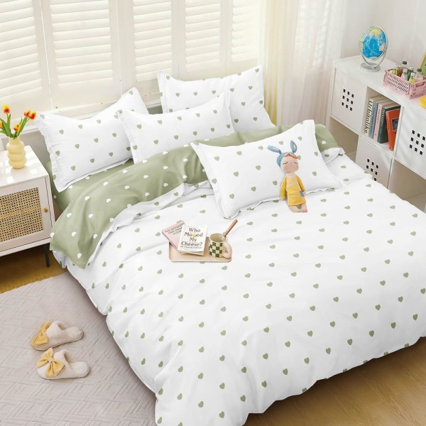 Lenjerie pat dublu (140x200cm, 160x200cm, 180x200cm), bumbac satinat, cearsaf clasic, 4 piese,  Alb, Verde, inimioare [1]