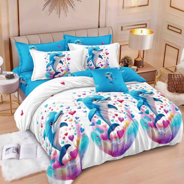 Lenjerie pat dublu (140x200cm, 160x200cm, 180x200cm),  FINET, 6 piese, Bleu, Alb, delfini, inimioare [1]
