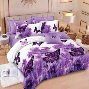 Lenjerie pat dublu (160x200cm, 180x200cm),  FINET, 6 piese, cu ELASTIC, Alb, Mov, fluturi