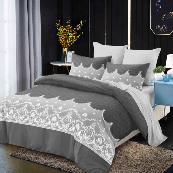 Lenjerie pat dublu,  FINET, cu elastic, 6 piese, Gri, Alb, Model Dantelat [1]