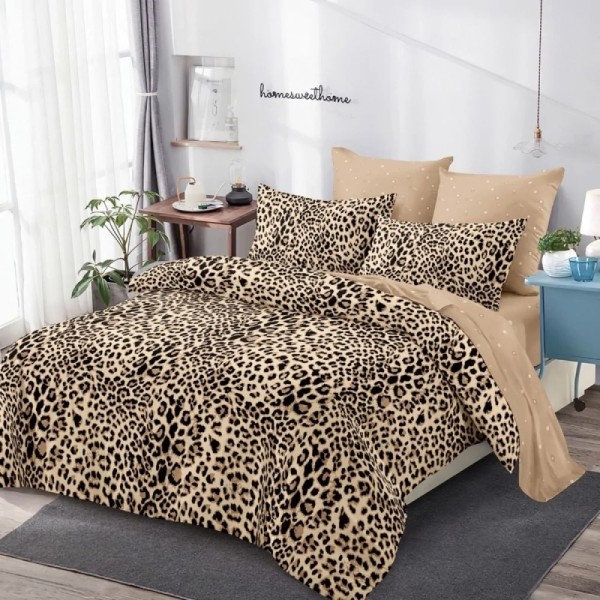 Lenjerie pat dublu,  FINET, cu elastic, 6 piese, Bej, Maro, Animal Print [1]