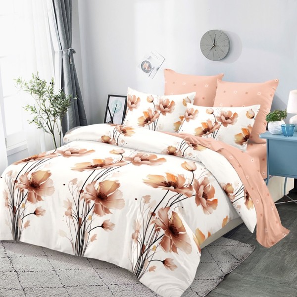 Lenjerie Pat Dublu,  FINET, 6 piese, Bej, Piersica, Flori [1]