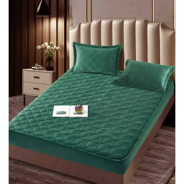 Husã matlasatã tip topper din catifea, 180x200cm + 2 fete de perna 50x70cm, verde inchis [1]