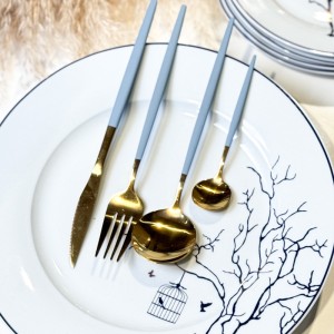 Set de Tacamuri Portugheze, 24 de piese, Auriu si Bleu Ciel Set de Tacamuri Portugheze, 24 de piese, Auriu si Bleu Ciel