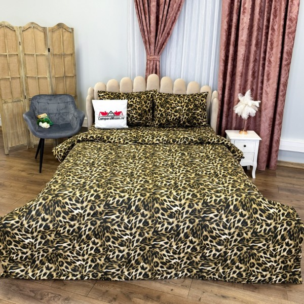 Lenjerie Pat Dublu, Bumbac Ranforce, 4 piese, Atelier Cumparamisim - Lux Suprem, Rafinament Desăvârșit, Confort Regal, Maro, animal print [1]