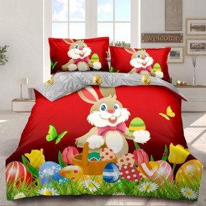 Lenjerie de Pat Dublu, Finet, Imprimeu Digital, 4 Piese, Roșu, Gri, Iepuraș cu Oua Colorate Lenjerie de Pat Dublu, Finet, Imprimeu Digital, 4 Piese, Roșu, Gri, Iepuraș cu Oua Colorate