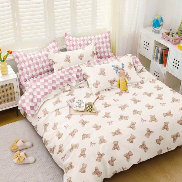 Lenjerie pat dublu (140x200cm, 160x200cm, 180x200cm), bumbac satinat, cearsaf clasic, 4 piese,  Crem, Roz, ursuleti [1]