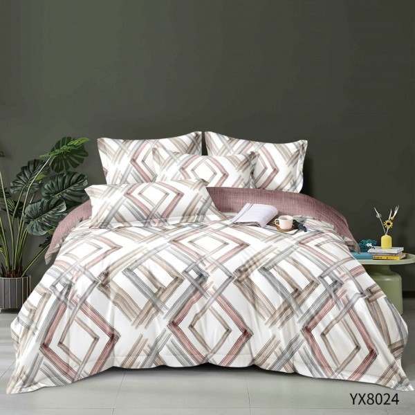 Lenjerie pat 140x200cm,  FINET, cu elastic, 4 piese, Crem, Roz, Romburi [1]