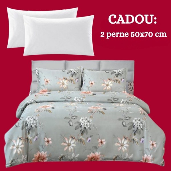 Lenjerie de Pat 4 Piese din Bumbac Satinat cu Cearsaf cu Elastic + 2 Perne Cadou 50x70 cm, cod INS-LSG503 [1]