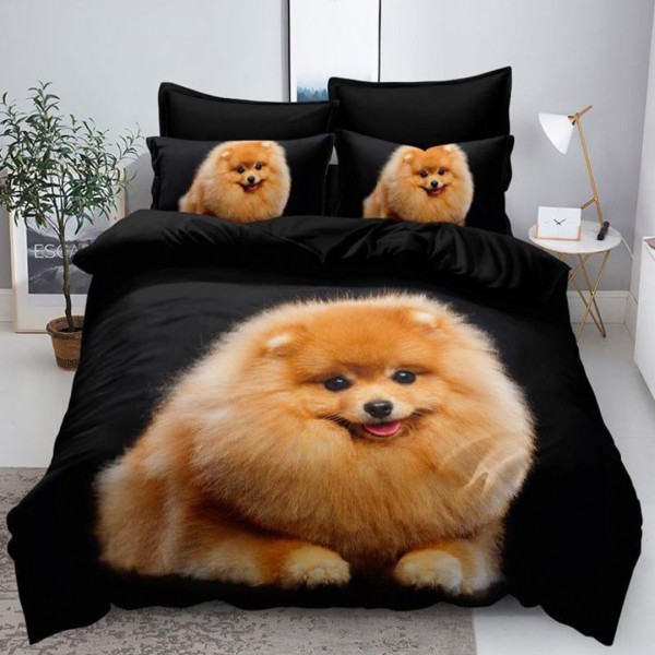 Lenjerie pat dublu,  FINET, 6 piese, IDENTICA CU POZA, cu Imprimeu Digital, Negru, Pomeranian [1]