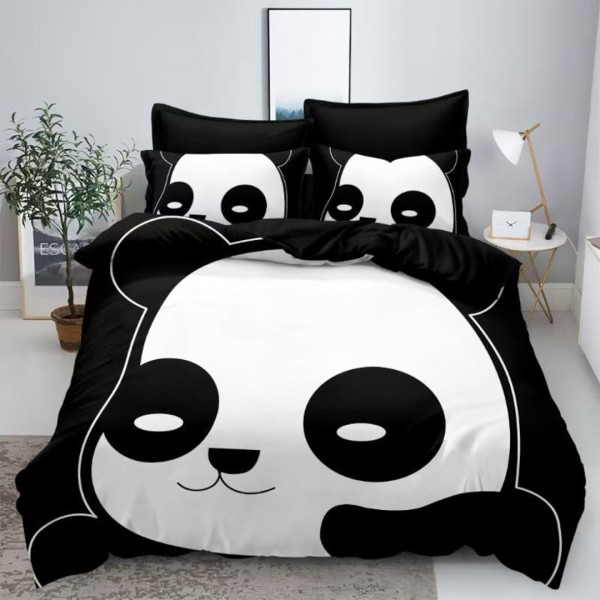 Lenjerie pat dublu,  FINET, 6 piese, IDENTICA CU POZA, cu Imprimeu Digital, Negru, Alb, Panda [1]