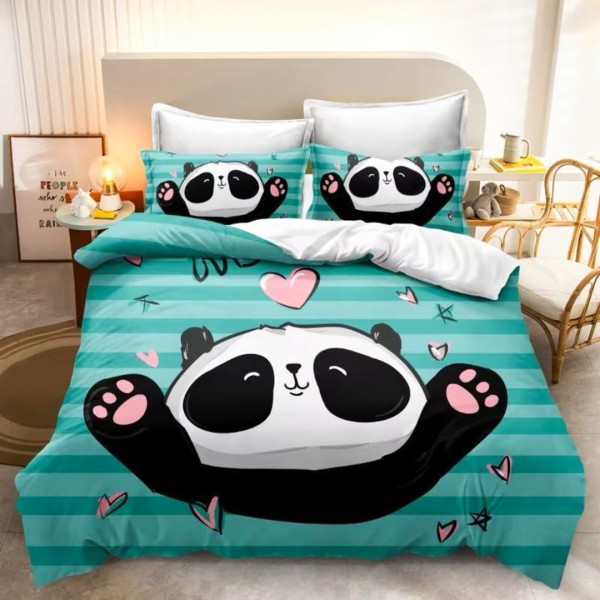Lenjerie pat dublu,  FINET, 6 piese, IDENTICA CU POZA, cu Imprimeu Digital, Bleu, Dungi, Panda [1]