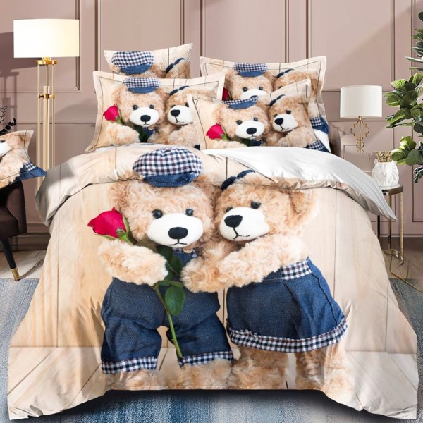 Lenjerie pat dublu,  FINET, 6 piese, IDENTICA CU POZA, cu Imprimeu Digital, Bej, Albastru, Ursuleți Îndrăgostiți [1]