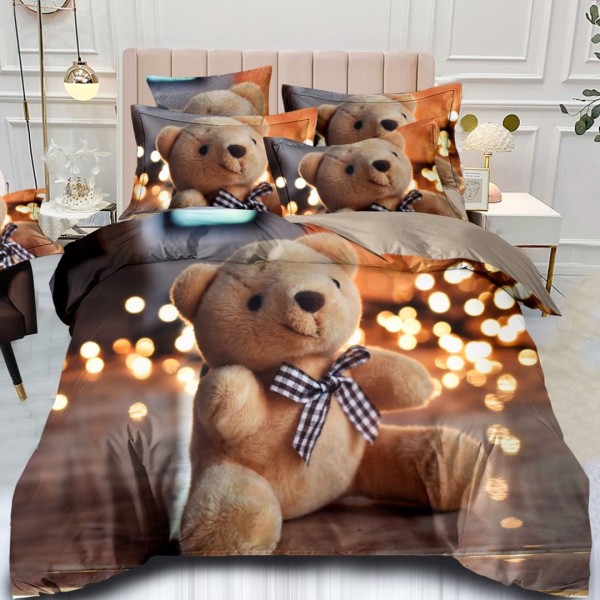 Lenjerie pat dublu,  FINET, 6 piese, IDENTICA CU POZA, cu Imprimeu Digital, Bej, Ursuleț, Luminite [1]