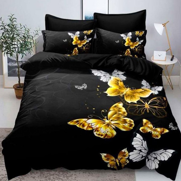 Lenjerie pat dublu,  FINET, 6 piese, IDENTICA CU POZA, cu Imprimeu Digital, Negru, Auriu, Argintiu, Fluturi [1]