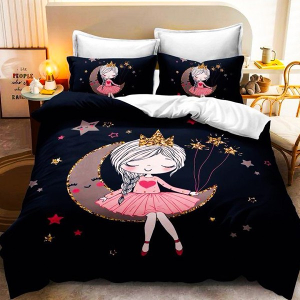 Lenjerie pat dublu,  FINET, 6 piese, IDENTICA CU POZA, cu Imprimeu Digital, Bleumarin, Luna, Stele, Printesa [1]
