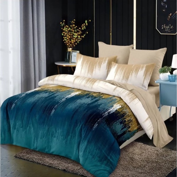 Lenjerie Pat Dublu,  FINET, 6 piese, Verde, Crem, Model Abstract [1]