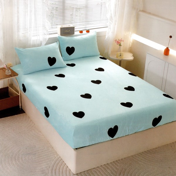 Cearsaf cu Elastic Cocolino 180x200cm si 2 fete de perna 50x70cm, Bleu, Negru, Inimioare [1]