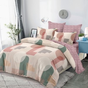 Lenjerie pat dublu,  FINET, cu elastic, 6 piese, Bej, Roz, Forme Geometrice Lenjerie pat dublu,  FINET, cu elastic, 6 piese, Bej, Roz, Forme Geometrice