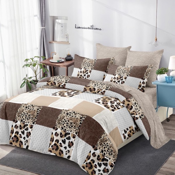 Lenjerie pat dublu,  FINET, cu elastic, 6 piese, Gri, Bej, Maro, Animal Print, Patrate [1]