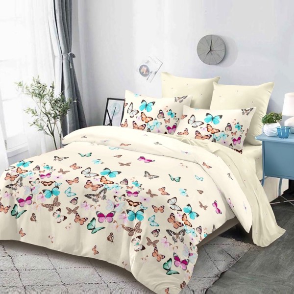 Lenjerie pat dublu,  FINET, cu elastic, 6 piese, Crem, Fluturi Colorati [1]