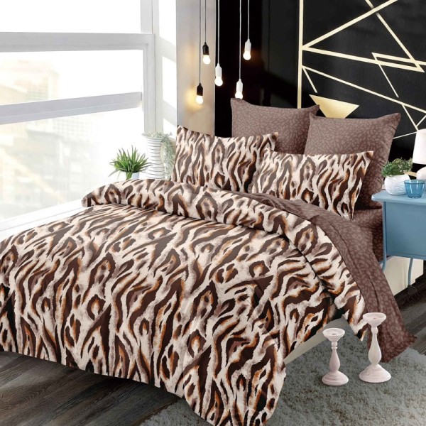 Lenjerie pat dublu,  FINET, cu elastic, 6 piese, Bej, Maro, Animal Print [1]