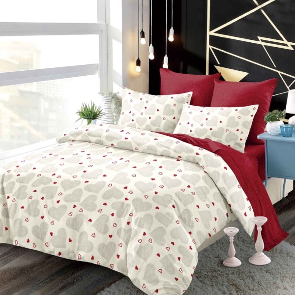 Lenjerie pat dublu,  FINET, cu elastic, 6 piese, Crem, Roșu, Inimioare [1]