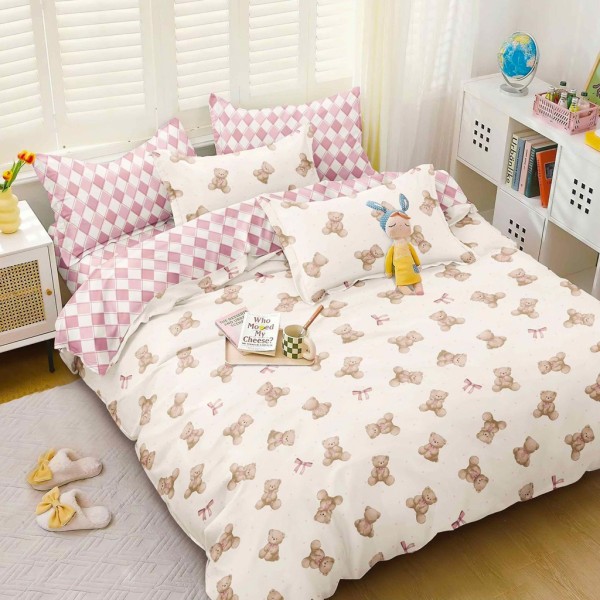 Lenjerie pat dublu cu Elastic (160x200cm si 180x200cm), bumbac satinat, Crem, Roz, ursuleti [1]