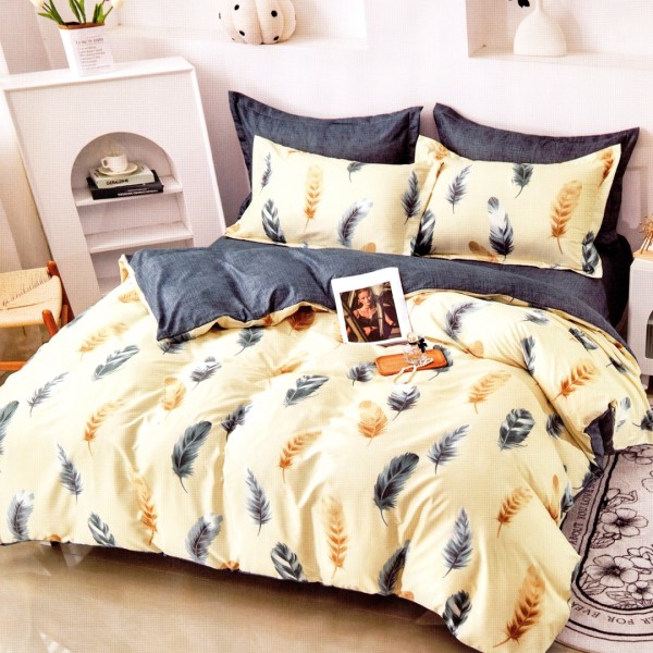 Lenjerie pat dublu, bumbac satinat, cu doua feţe, 4 piese,  Crem, Albastru, Pene [1]