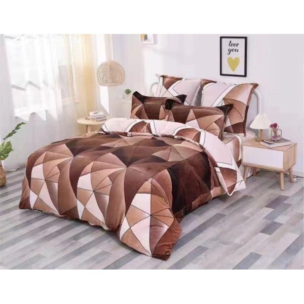 Lenjerie pentru Pat Dublu, Cocolino Premium, 4 Piese – Plușată, Groasă, și Călduroasă, Ideală pentru Iarnă –  Confort Maxim, Antișifonare, Bej, Maro, Forme Geometrice [1]