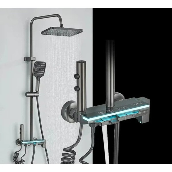 Coloană de Duș Modernă, Negru/Gri Antracit, 4 Funcții, Afișaj LCD, Banda LED [1]