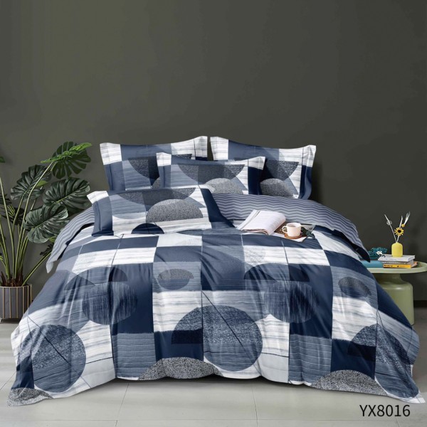 Lenjerie pat 140x200cm,  FINET, cu elastic, 4 piese, Bleumarin, Alb, Forme Geometrice [1]