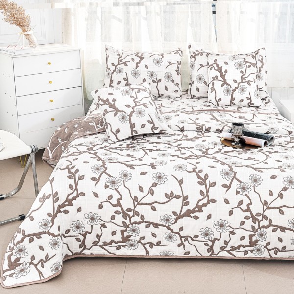 Cuvertura Pat Dublu, Bumbac cu In, Model Brodat Direct în Tesatura, 230x250 cm, 2 fete de perna 52x72cm, 2 fete de perna 46x46cm, Alb, Maro, Crengute cu Flori [1]