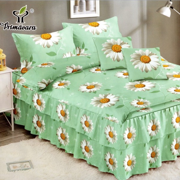 Lenjerie Premium Pat Dublu  FINET, 6 Piese – Volanase Sofisticate, Fixare Perfecta cu Elastic, Vernil, Margarete [1]