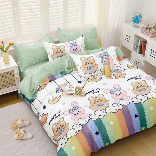 Lenjerie pat dublu (140x200cm, 160x200cm, 180x200cm), bumbac satinat, cearsaf clasic, 4 piese,  Alb, Verde, iepurasi [1]