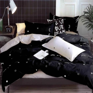 Lenjerie pat dublu (140x200cm, 160x200cm, 180x200cm), bumbac satinat, cearsaf clasic, 4 piese,  Negru, gene Lenjerie pat dublu (140x200cm, 160x200cm, 180x200cm), bumbac satinat, cearsaf clasic, 4 piese,  Negru, gene