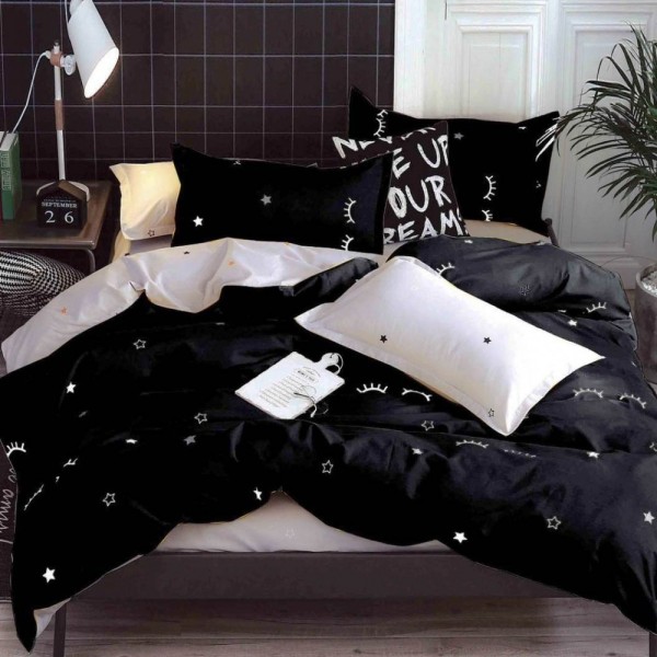 Lenjerie pat dublu (140x200cm, 160x200cm, 180x200cm), bumbac satinat, cearsaf clasic, 4 piese,  Negru, gene [1]