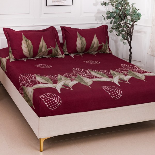 Cearsaf cu Elastic 180x200 cm + 2 Fete de Perna 50x70 cm, Visiniu, Frunze Maronii [1]