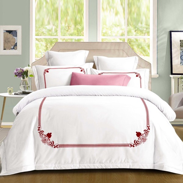 Lenjerie pat dublu, Primăvara,  FINET, Cearsaf cu Elastic 180x200cm, 4 piese, Alb, Roșu, model clasic - Lux Absolut, Delicatețe și Eleganță Desăvârșită [1]