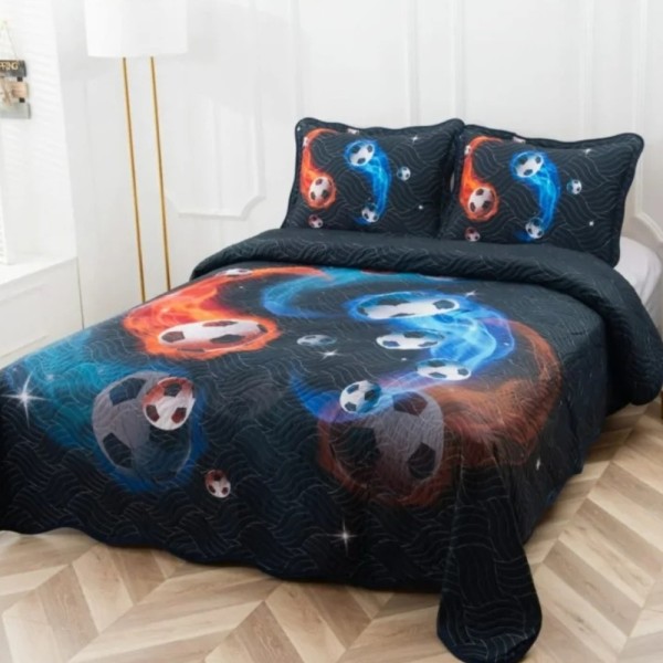 Cuvertura Matlasata, Pat Dublu, 230x250 cm, 3 Piese, Bumbac Finet Satinat, Imprimeu Digital, IDENTIC CU POZA, 2 Fete de Perna 60x80 cm, Bleumarin, mingi  [1]