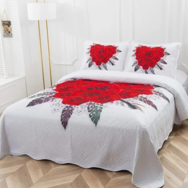 Cuvertura Matlasata, Pat Dublu, 230x250 cm, 3 Piese, Bumbac Finet Satinat, Imprimeu Digital, IDENTIC CU POZA, 2 Fete de Perna 60x80 cm, alb, rosu, trandafiri [1]