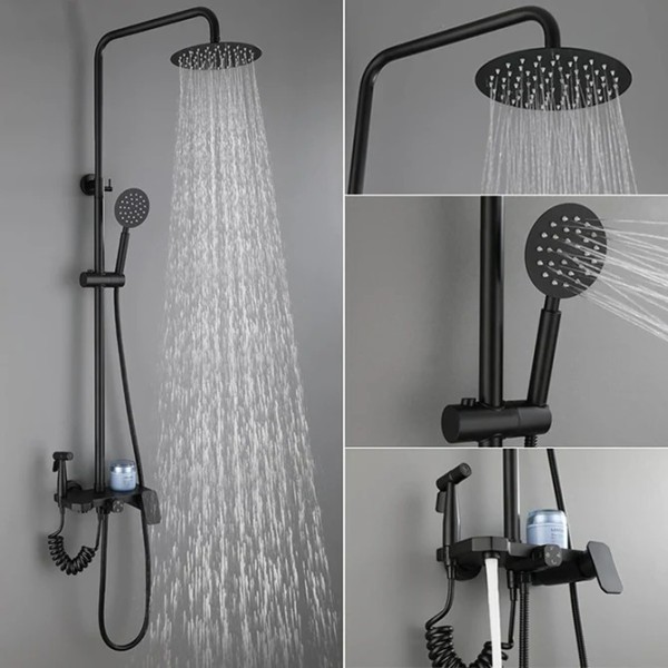 Set Baterie Perete pentru Baie și Duș Negru Mat, Design Modern cu Duș Rainfall [1]
