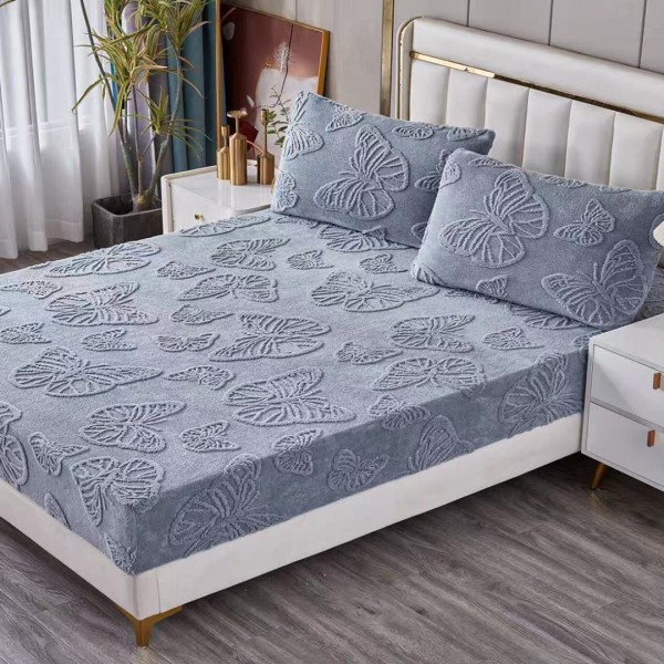 Cearșaf Cocolino 180/200 cm – Elastic 360°,  + 2 Fete Perna, Model Fluturi 3D, Moale și Călduros, Gri Albastrui [1]