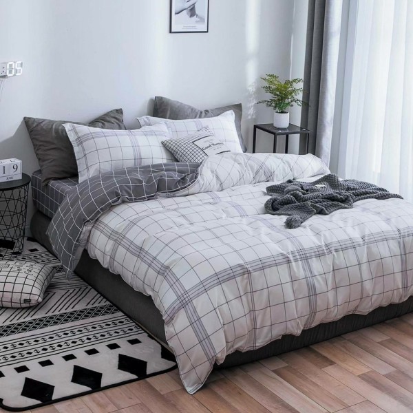 Lenjerie pat dublu (140x200cm, 160x200cm, 180x200cm), bumbac satinat, cearsaf clasic, 4 piese,  Alb, Gri, patratele [1]
