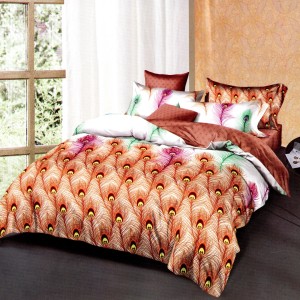 Lenjerie pat dublu, bumbac satinat, cu doua feţe, 4 piese,  Alb, Rosu, Pene de Paun Lenjerie pat dublu, bumbac satinat, cu doua feţe, 4 piese,  Alb, Rosu, Pene de Paun