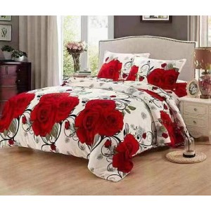 Lenjerie pat dublu, Super Pufoasa COCOLINO, 4 piese, Alb, Trandafiri Rosii