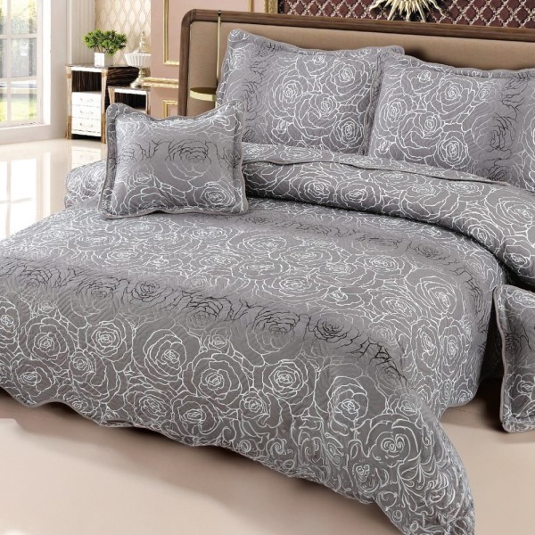 Cuvertura matlasata 230x250cm si 4 fete de perna, Bumbac, Gri, trandafiri [1]