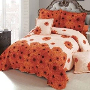 Cuvertura matlasata 230x250cm si 4 fete de perna, Bumbac, Crem, Portocaliu, margarete